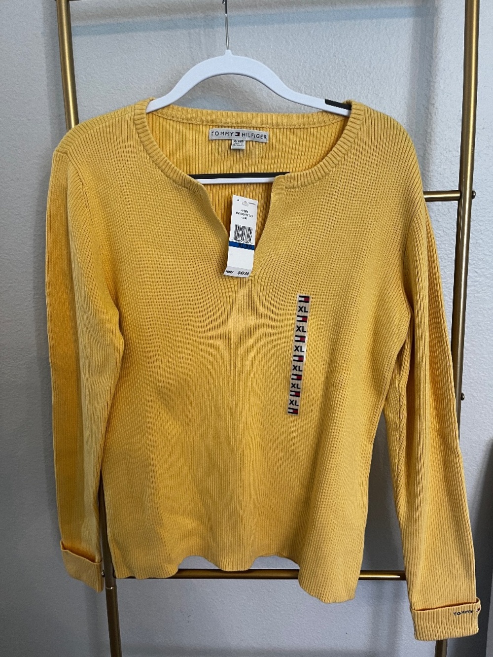 NWT Tommy Hilfiger Ribbed Sweater XL Yellow Long Sleeve Knit Top Vintage